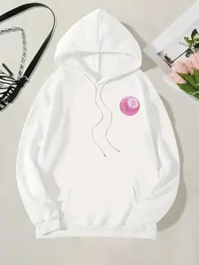 Women's Billiards Print Drop Shoulder Drawstring Hoodie, Trendy Kangaroo Pocket Hooded Sweatshirt for Daily Holiday Outdoor Wear, Women Clothing for Fall & Winter