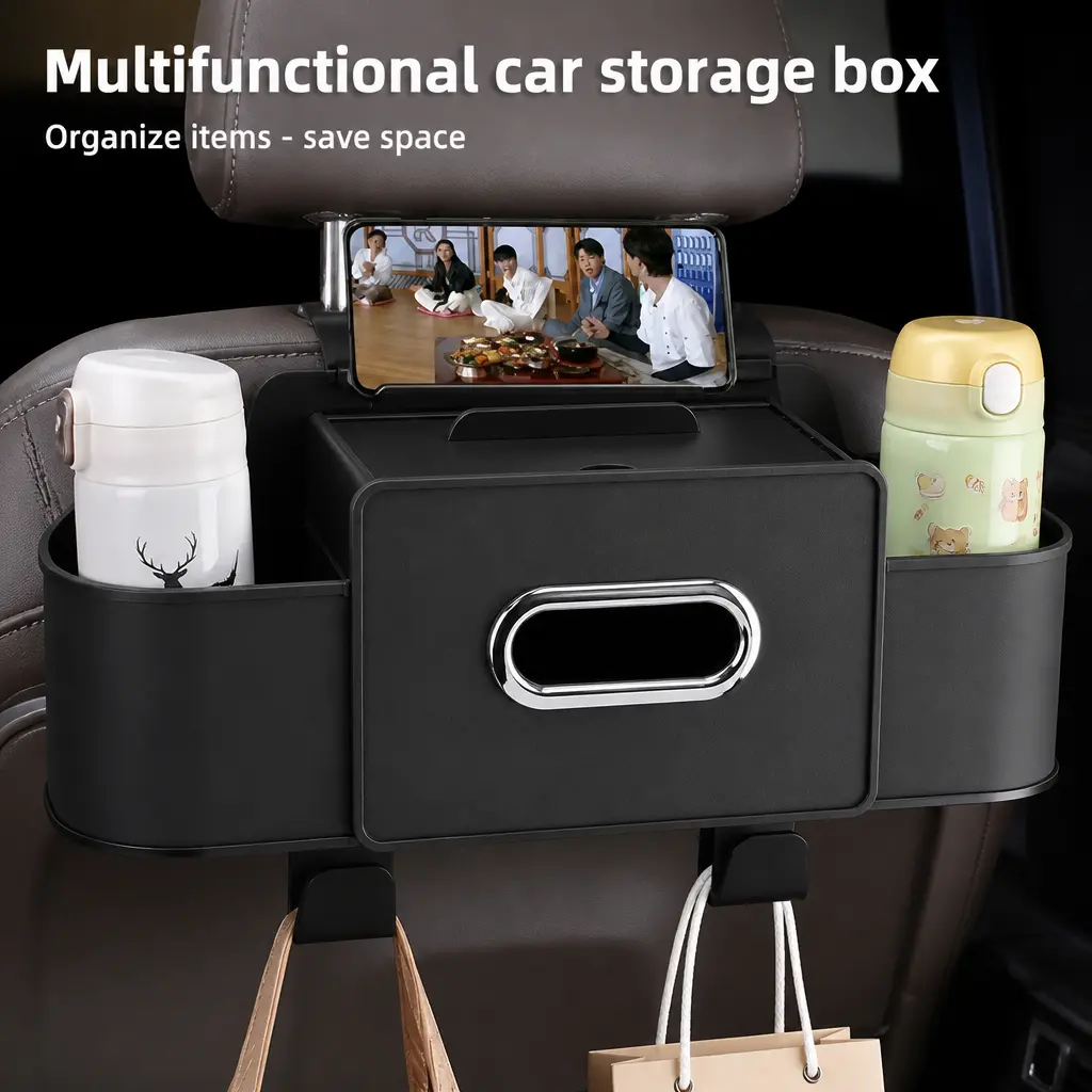 All-in-1 Car Seat Back Storage Box - Functional Automotive Interior Organizer for Family Drives, Fits Most Cars, with Tissue Box, 2 Cup Holders, Detachable Trash Can, Bag Hooks, Phone Holder, Detachable Parts