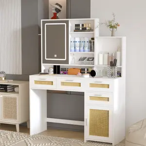 Makeup Vanity with Lights in 3 Colors and Openable Mirror, Vanity Desk with 4 Drawers & 1 Cabinets & Shelves, Vanity Table Rattan Vanity Dresser, for Bedroom