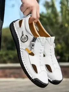 Men's Handmade Stitched Adjustable Buckle Up Sandals Summer New Lightweight Breathable Outdoor Travel Beach Shoes Non-Slip Rubber Sole Casual, Unique Sandals