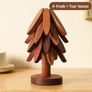 Set of 4 Leaf-Shaped Insulated Tree Mats, Wooden Heat-Resistant Table Mats, Christmas Tree Design, Pot Pad Cup Holder, Modern Simple Plate Mat, Wooden Coasters, Home Kitchen