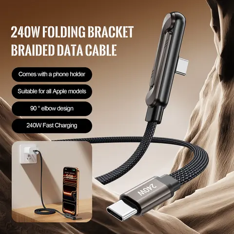 GQOHRT 240W Super Fast Charging 2-in-1 Invisible Holder Type-C Port Dual Charging Cable with Stand, for Gaming & Car Travel, Compatible with iPhone & Samsung (Black) - Type-C Port Charger, Type-C Port Chargers, Charging Cable Chargers