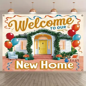 1pc Housewarming Party Banner, Polyester Welcome to Our New Home Sign with Streamers, Comfortable and Stylish House Design, Vibrant Colors, Large Outdoor Garage Festive Wall Decor, Universal Holiday Ornaments White