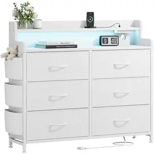 【LaborDaySale】AOWOS Cute 6 Drawer Dresser for Bedroom, Vanity with 6 Large Fabric Drawers, Fabric Dressers with LED Light & Charging Station, Adults Chest of Drawers for Living Room Hallway Closet