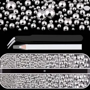 Silver Nail Charms and Gems, Half Round Flatback Pearl Nail Charms, Nail Pearls Rhinestones Kit Silver Beads for Nails with Pencil and Tweezer for DIY Nail Art, Face Makeup and Crafting