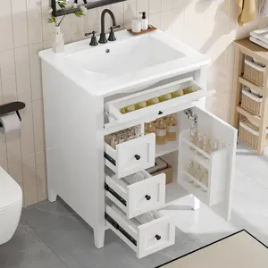"24" White Bathroom Vanity with Sink, MDF & Rubberwood Construction, 3 Drawers & Cabinet with Adjustable Shelves, Modern Design for Small to Medium Bathrooms"