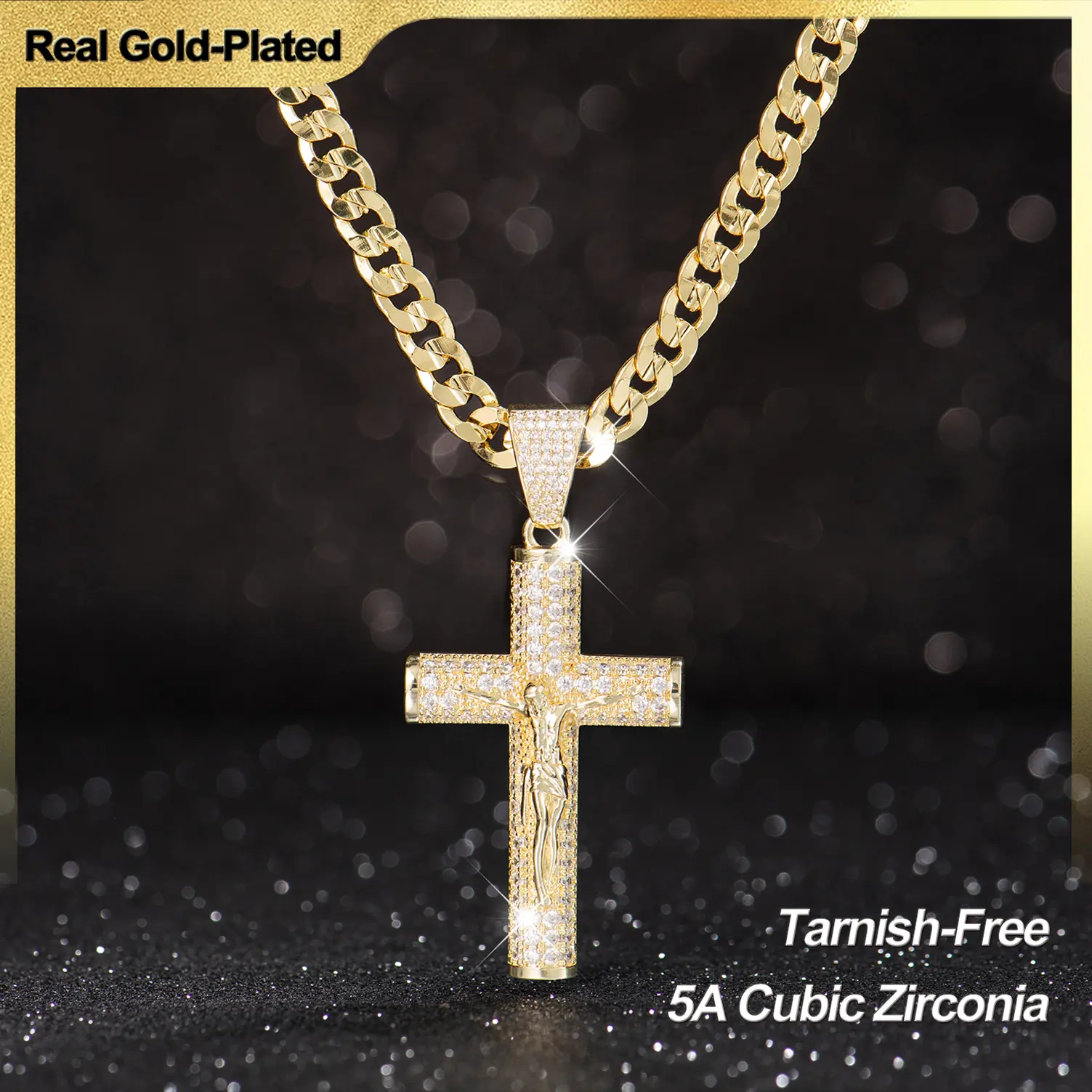 Holylegend 14K Real Gold-Plated Cross Necklace for Men,Tarnish-Free Cuban link chain Figaro Rope Miami Chains with Jesus Crucifix Pendant, 24” Long , Christian Religious Jewelry Gift,chain men