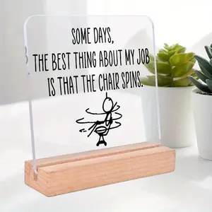 Humorous Office Desk Sign, 1 Count The Spins Chair & Stickman Pattern Acrylic Block Plaque with Wooden Stand, Novelty Desk Decor, Desk Signage Decoration, Funny Workplace Tabletops Decor for Desks