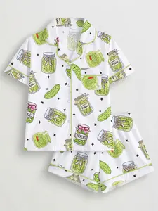 Women's 2-Piece Pajama Set Pjs, Acid Pickle Theme Print, Casual Fitted Sleepwear, Loungewear, Comfortable Short Sleeve Top & Elastic Shorts, All Seasons