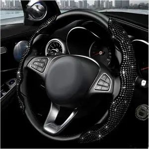 2PCS Steering Wheel Cover, Sparkling Rhinestone Segmented Steering Wheel Protector Fit 14-15.6 Inch, Non-Slip Wheel Wrap Cover Bling Car Interior Accessories for Women Girls