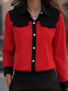 New Arrival. Four Seasons Fashion Plus-Size Women's Long-Sleeve Shirts. Patchwork Color-Collision Design. Stylish, Casual, and Versatile for Commuting
