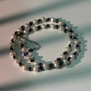 PEARLISM Real freshwater pearl handmade jewelry.Bracelet and necklace jewelry set.White pearls with deep blue Lapis lazuli.(6-7mm)-JFDS005