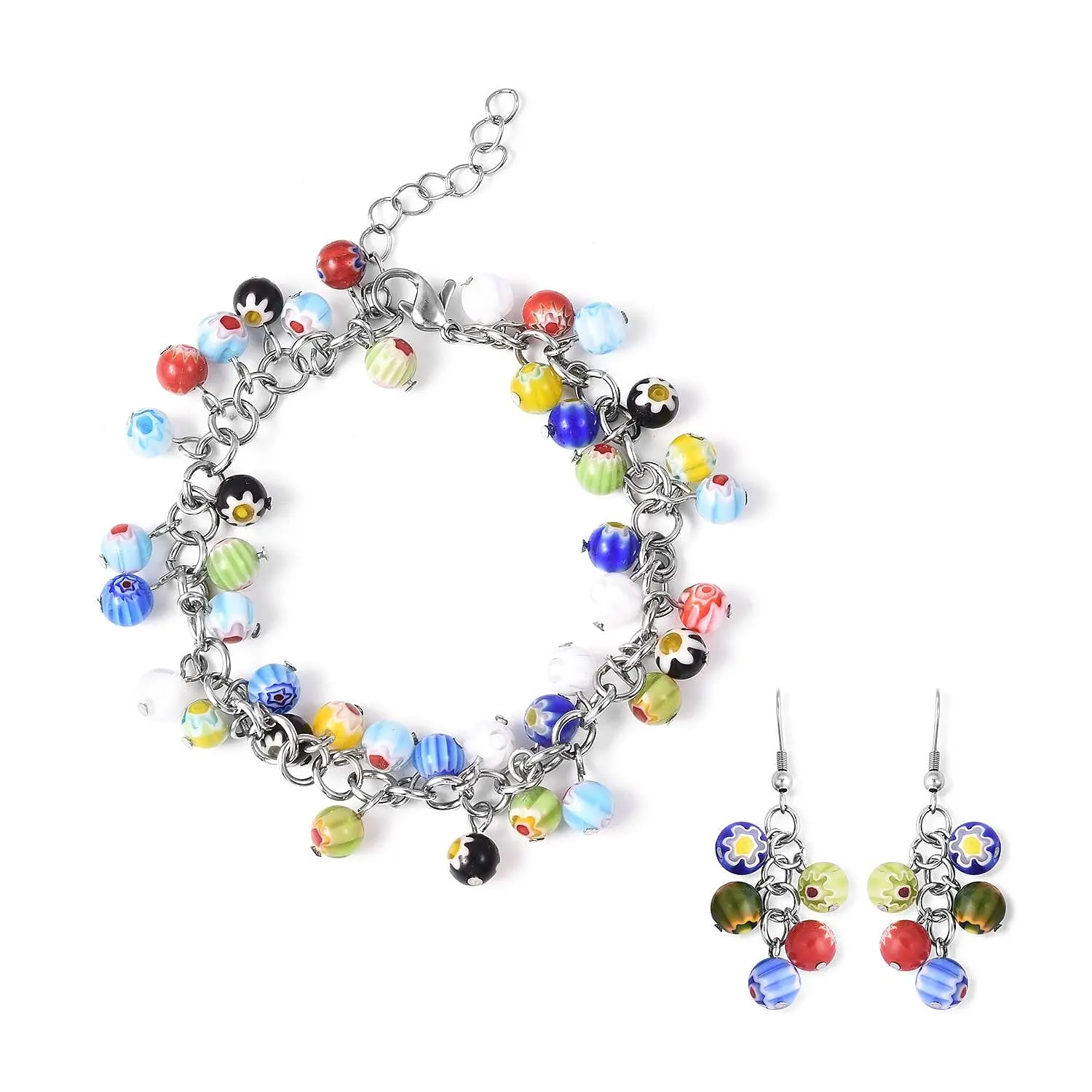 Murano Millefiori Glass Bracelet (Adjustable) and Earrings in Stainless Steel