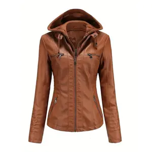 Women's Motorcycle Jacket with Detachable Hood, Biker Style Outerwear for Riders