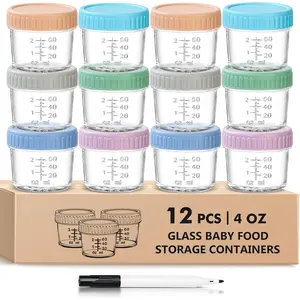 12 Pack Glass Baby Food Storage Containers - 4 Oz Baby Food Jars with Lids Baby Food Maker Microwave Dishwasher Freezer Safe 100% Leak Proof BPA Free Reusable