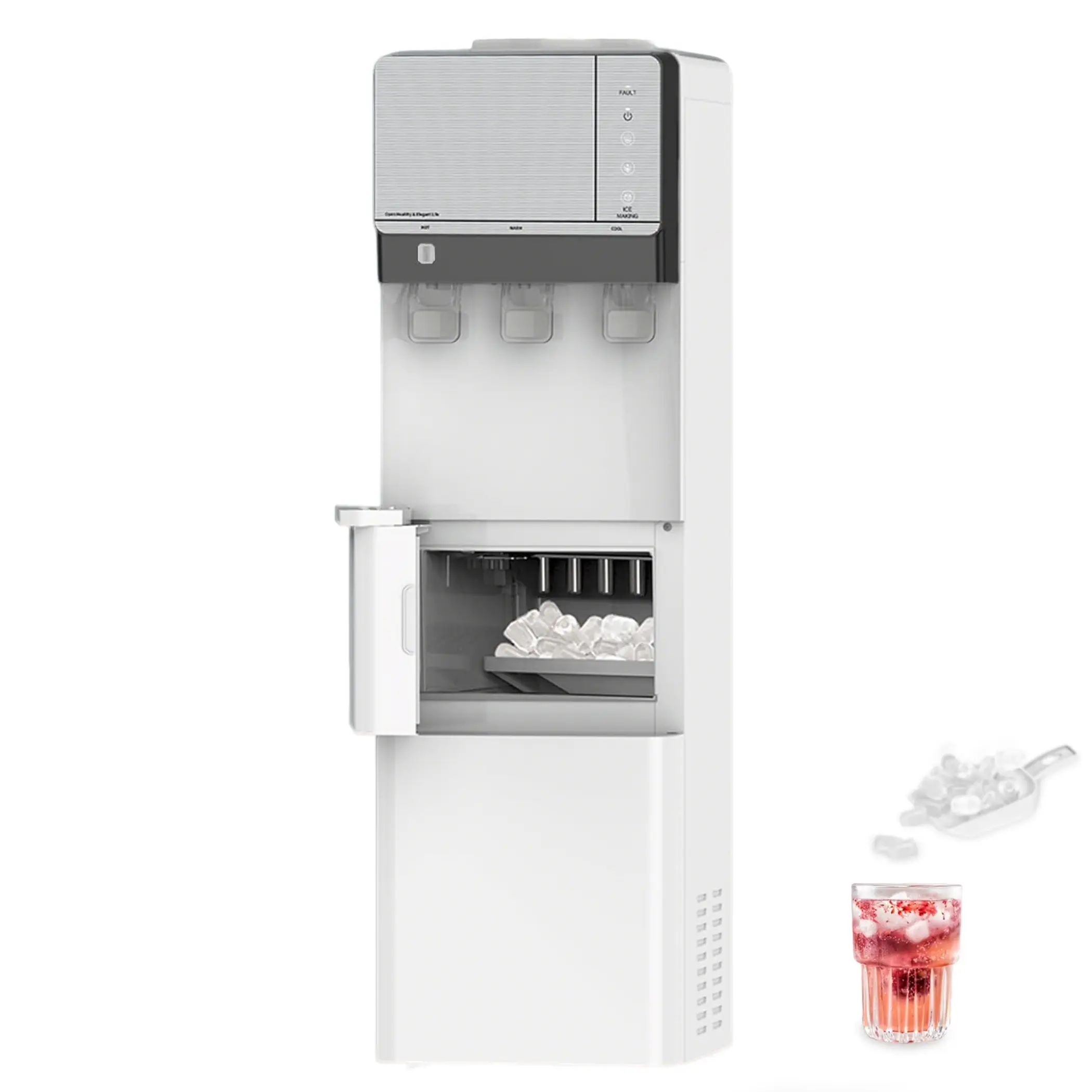IKT Hot and Cold Water Cooler Dispenser with Ice Maker for 5 Gallon Bottle 27 lbs Daily Capacity Night Light Child Safety Lock White