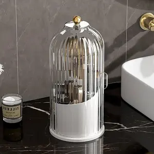 Makeup Brush Holder 360 Degree Rotating Makeup Brush Holder Organizer Clear for Vanity Desktop Bathroom Countertop Organizing (White Base with Clear Lid)