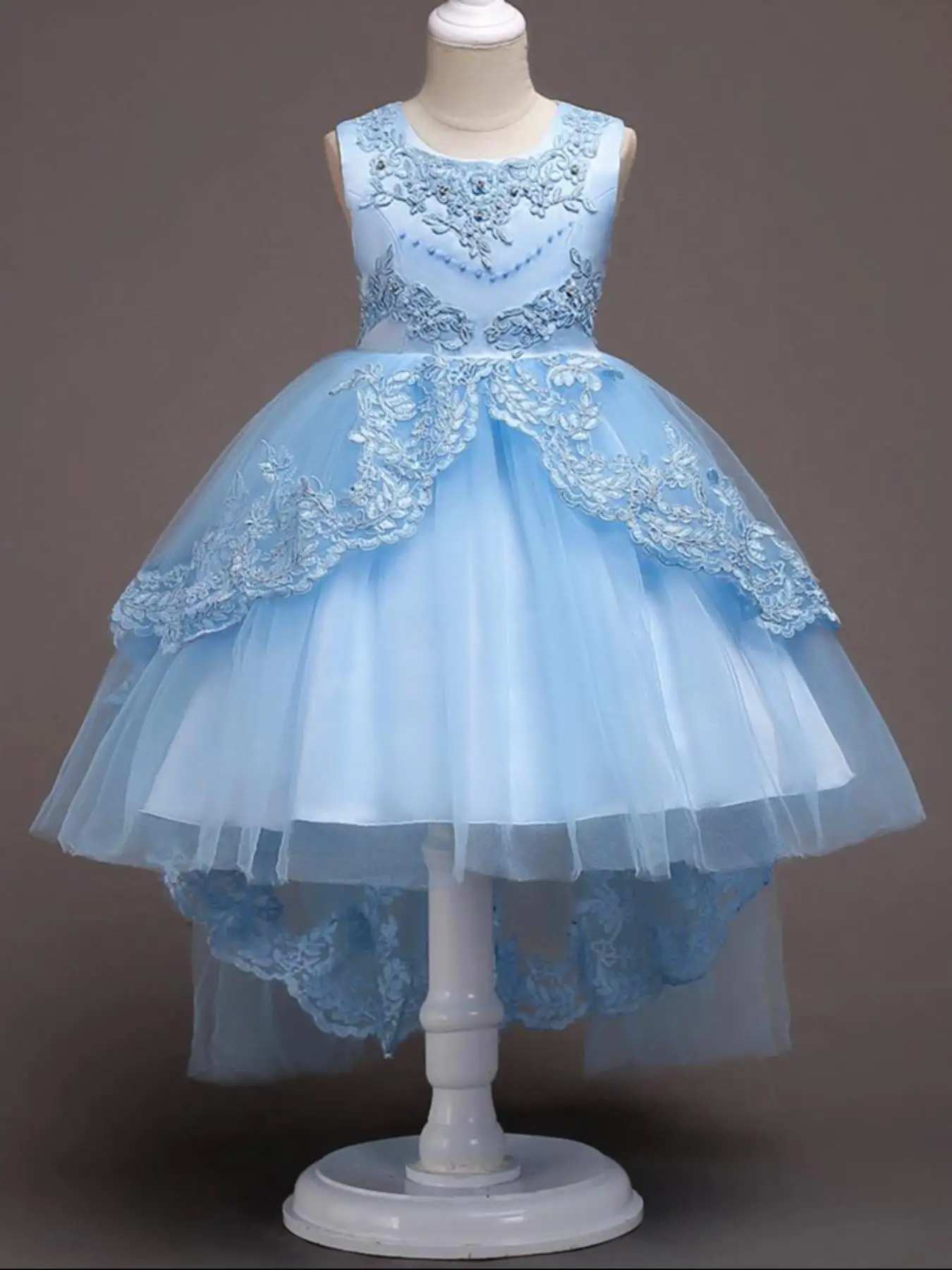 Girl's Rhinestone & Beaded Decor Embroidery Contrast Mesh Formal Dress, Elegant Bow Zipper Back High Low Hem Sleeveless Dress for Party Performance We