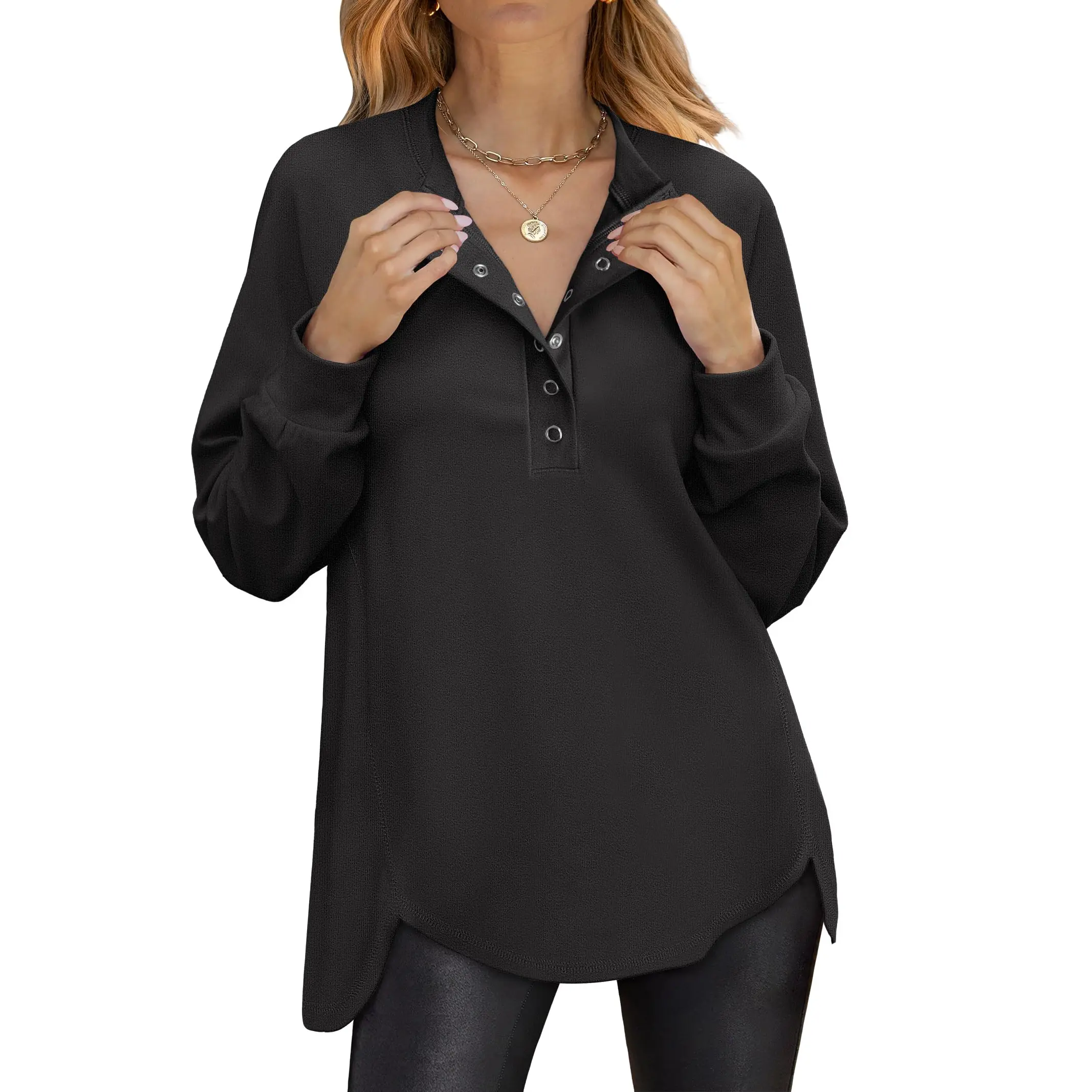 ANRABESS Women's Long Sleeve Henley Tops Tunic Sweatshirt Loose Slit Casual Button Shirts Pullover 2026 Fall Winter Outfits