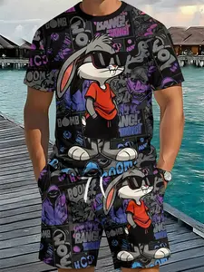 Purple and Black Tide Rabbit Graffiti Men's 3D Digital Printing Two-Piece Set, 2Pcs, Trendy and Fashionable Set, Trendy Retro Casual Two-Piece Set, Vacation-style Tropical Trendy Outfit, Breathable Sports and Casual Style, a Perfect Holiday Gift for Men