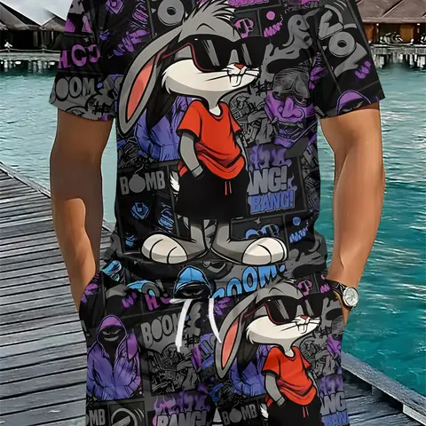 Purple and Black Tide Rabbit Graffiti Men's 3D Digital Printing Two-Piece Set, 2Pcs Trendy Set, Streetwear Set, Vacation-style Trendy Outfit, Breathable Sports and Casual Style, a Perfect Holiday Gift for Men, Menswear