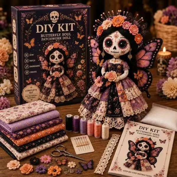 Day of the Dead Patchwork Doll DIY Sewing Kit - Handmade Floral-Detailed Fabric Doll Set with Halloween Sugar Skull Design, for Craft Enthusiasts (#D)
