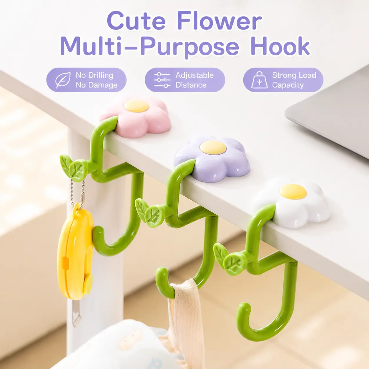 1 Count, Flower Shaped Desk Edge Hook, No Drill Adjustable Spacing, for Hanging Backpacks, Bags, Umbrellas and Small Daily Items