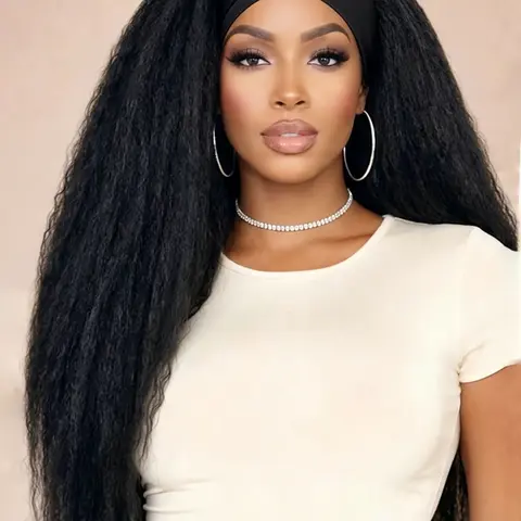 Kinky Straight Headband Wig for Women, 26 Inches, Yaki Straight Wigs with Black Headband, Synthetic Hair, Easy to Style, No Lace Front, No Glue, Glueless Wear Wig, Glueless Synthetic Wig