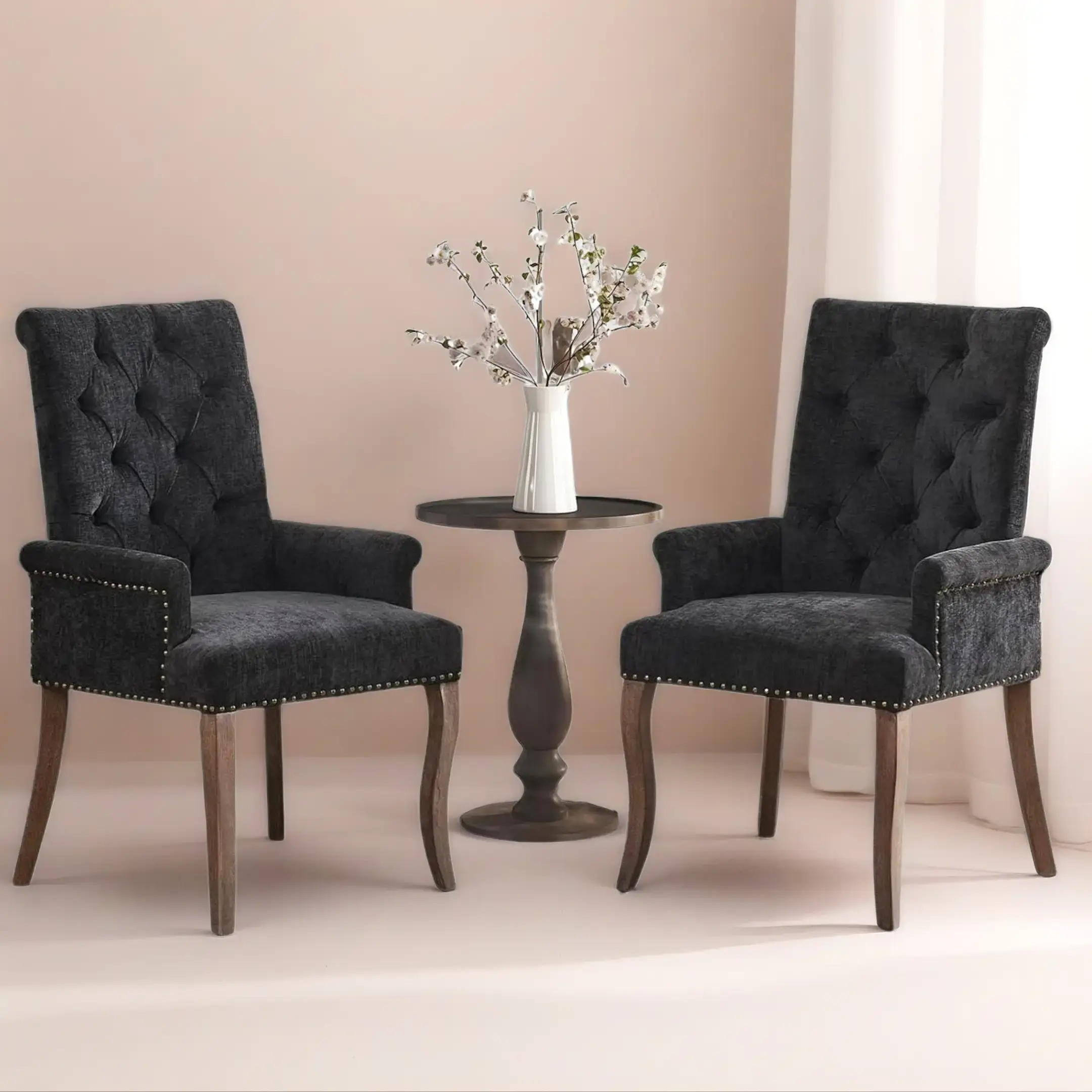 SoarFlash 2-Piece Chenille Dining Chairs Set - Modern Accent Chair with Tall Diamond Tufted Upholstered High-End Back, Solid Wood Armchair with Armrest, Soft Arms, Curved Wood Legs, Black, Curved Legs