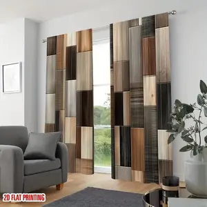 2 pieces of modern curtains, Home Decoration Curtain, with wood grain pattern, color brown, gray, beige, semi blackout, machine washable polyester fiber material, bedroom and living room, kitchen curtains
