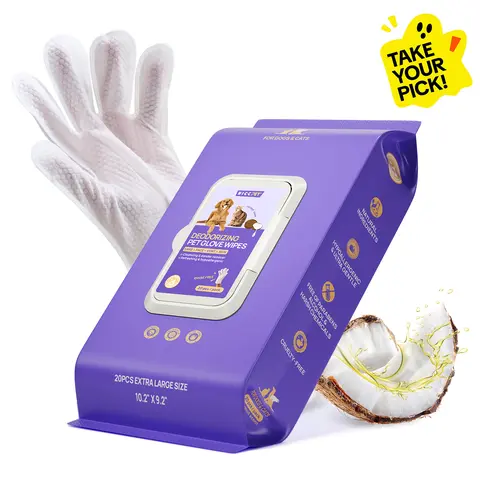 HICC PET 20pcs Dog Grooming Wipes - No-Rinse Hypoallergenic Glove Wipes with Fermented Oils for Hair Removal, Deodorizing, Skin Hydration，Bath-free Dog Grooming