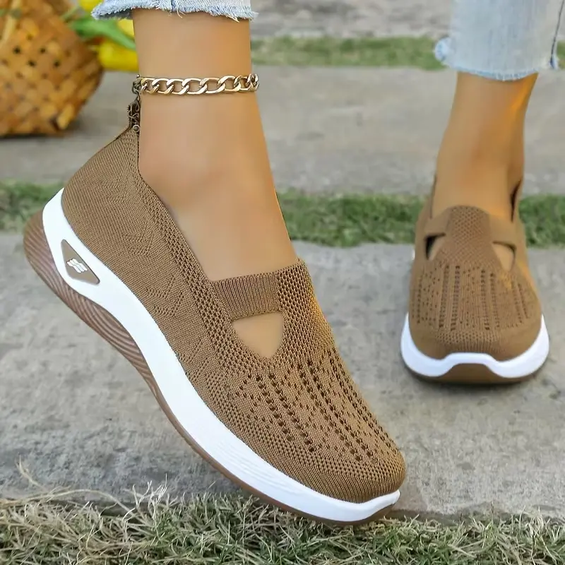 Women's Black Knit Round-Toe Peep-Toe Slip-On Sneakers - Breathable, Comfortable Wedge Sole Footwear for Daily Commute, Light Activity, All Seasons