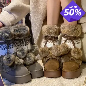 Women, Round Toe Flat Plush Snow Boots with Cute Pom-Poms and Lace Trim, Cozy Warm Furry Footwear for Winter Outfits and Casual Streetwear Girl Shoe Walking Shoes