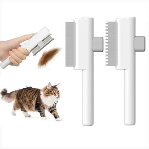 Marchul 2Pcs Pet Grooming Tools Set - Non-Scratch Self-Cleaning Fur Brush Combs with Release Button, Dual Layer Flea Comb - Professional Shedding Grooming Kit for Knots, Loose Fur, Pests - White