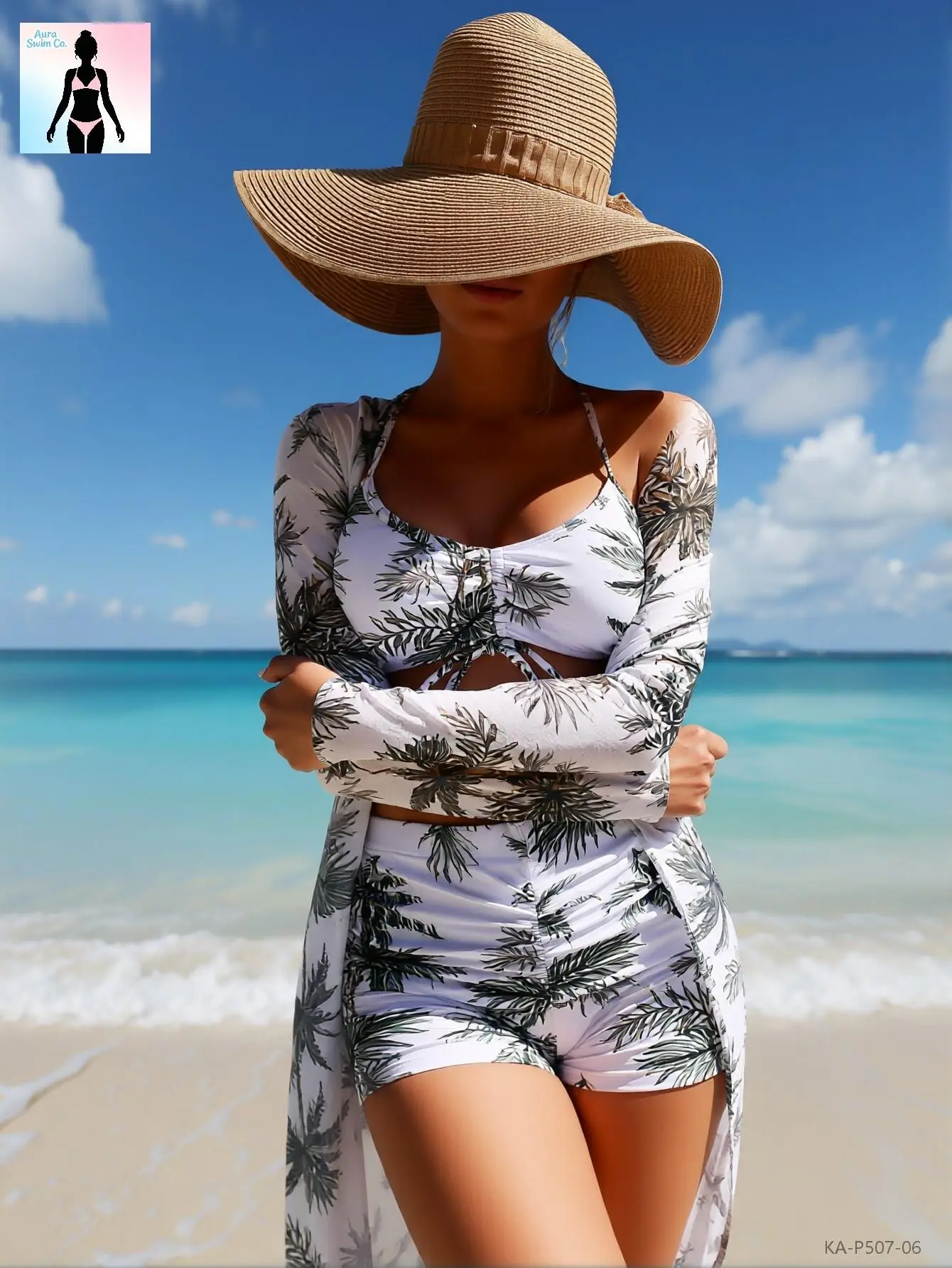 Aura Swim Women's 3-Piece Tropical Print Swimsuit Set with Quick Dry V-Neck Top, Tummy Control High-Waist Shorts & Long Sleeve Cover Up, Uv Protection, Bikini, Swimsuits Bikinis, Women's Swimsuits