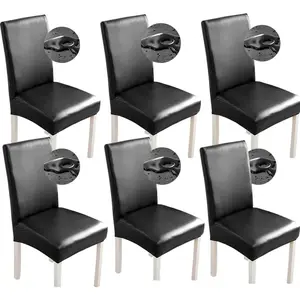 Stretch Dining Chair Covers -  PU Leather Slipcovers - Universal Chair Protectors for Dining Room, Kitchen, Hotel (Set of 6, Black)