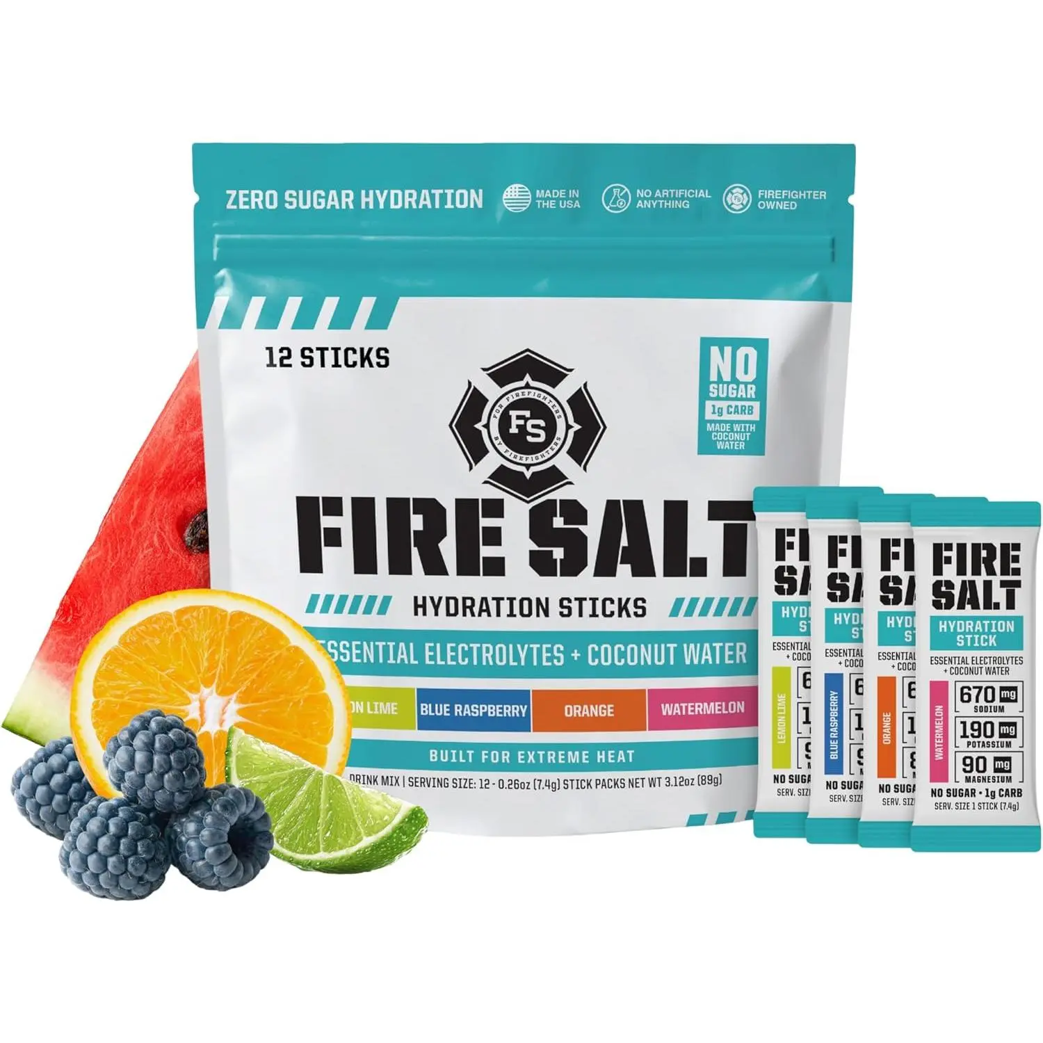 Fire Salt 4 Flavor Starter Kit Hydration Sticks, Zero Sugar, 12 Count | Electrolytes & Coconut Water, Hydration Drink Mix with Magnesium, Potassium & Sodium, Single Serve On the Go Packs
