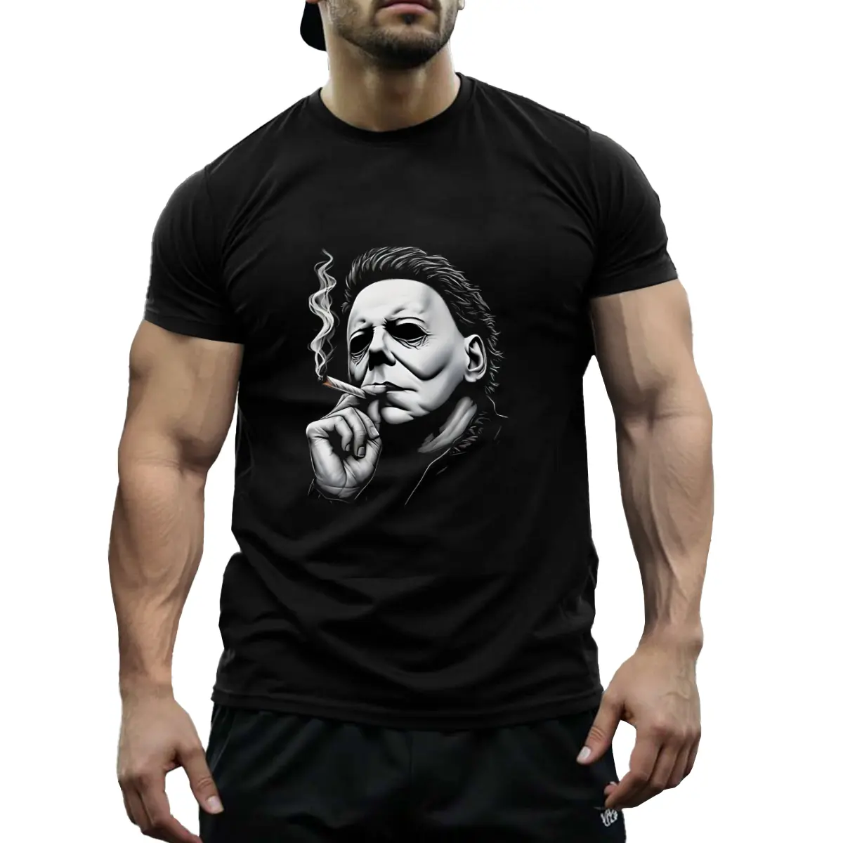 Men's Smokin' Michael Myers Halloween T-Shirt - Soft Cotton, Short Sleeve, Crew Neck, Breathable & Stretchy Fabric, Black Horror Graphic Tee for Casual Wear & Costumes