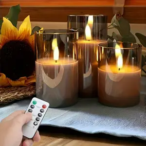 Gray Glass Battery Operated Flameless LedCandles with 10-Key Remote and Timer, Real WaxCandles Warm White Flickering Light for HomeDecoration(Set of 3). candle warmer lamp candles wax melts diptyque. candle warmer lamp floating candles candles wax melts