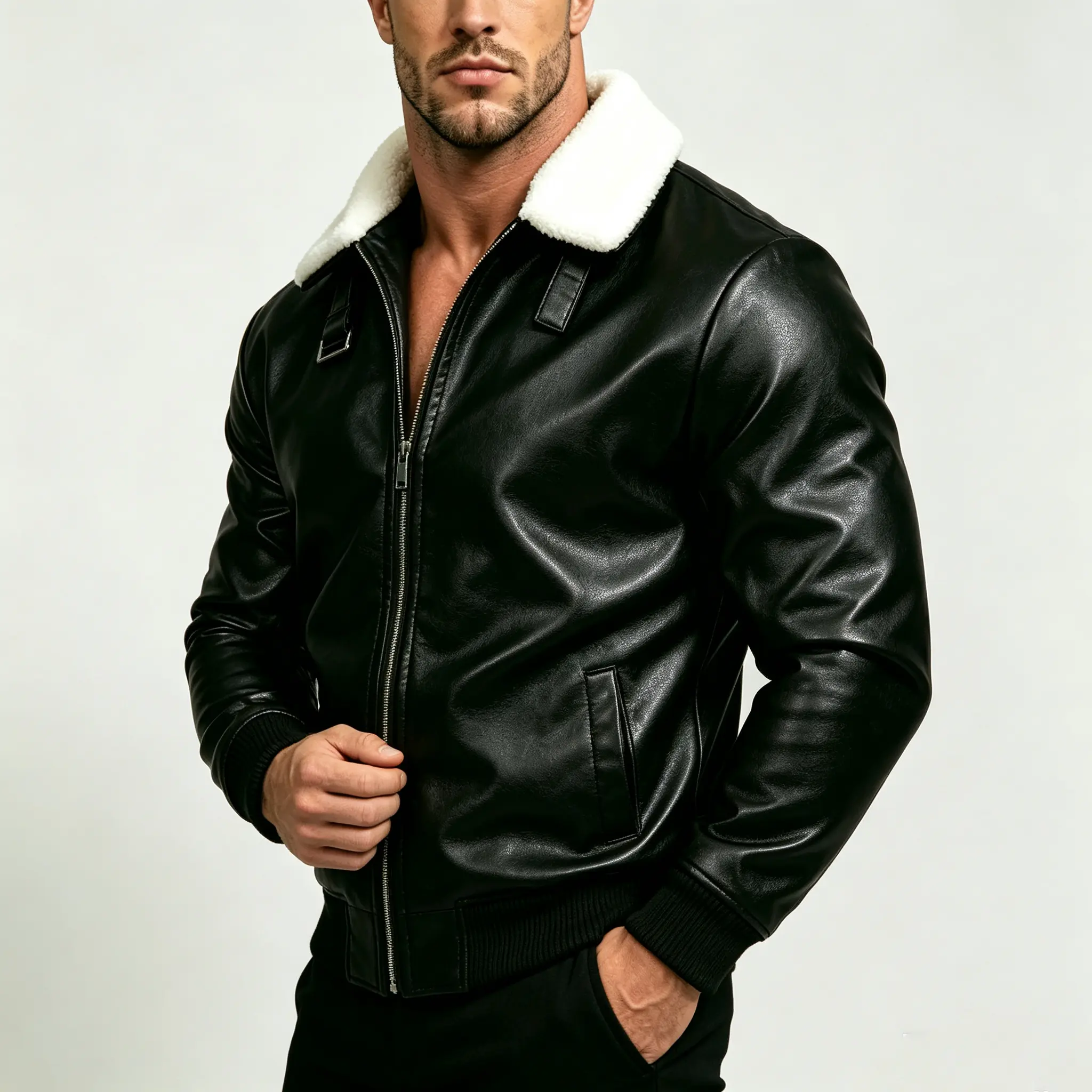 Thickened plush biker leather jacket with a turn-down collar for autumn/winter; slim-fit, versatile utility aviator PU leather outerwear.