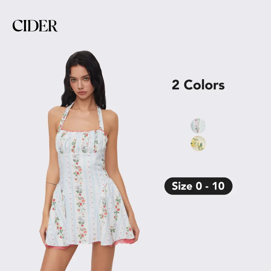 Cider Women's Linen Blend Halter Neck Strawberry Floral Mini Dress with Lace-Up Detail & Ruffles, Summer Beach Dress for Vacation & Date Night