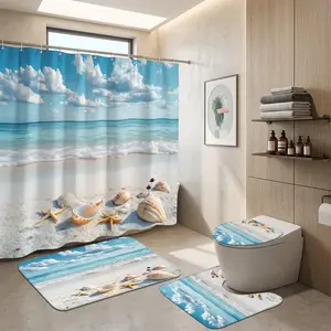 4pcs Coastal Bliss Summer Shower Curtain and Bath Mat Set, Beach Day Decor with Turquoise Waves, Sand, Seashells & Starfish, Serene Bathroom Retreat