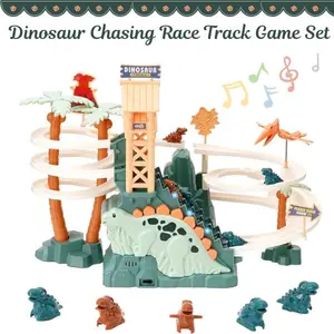 Dinosaur Race Track Toy Set – Double Loop Roller Coaster with Music, Climb & Slide Stairs, Educational Puzzle Playset Easter Gift for Toddler Boys & Girls 3+