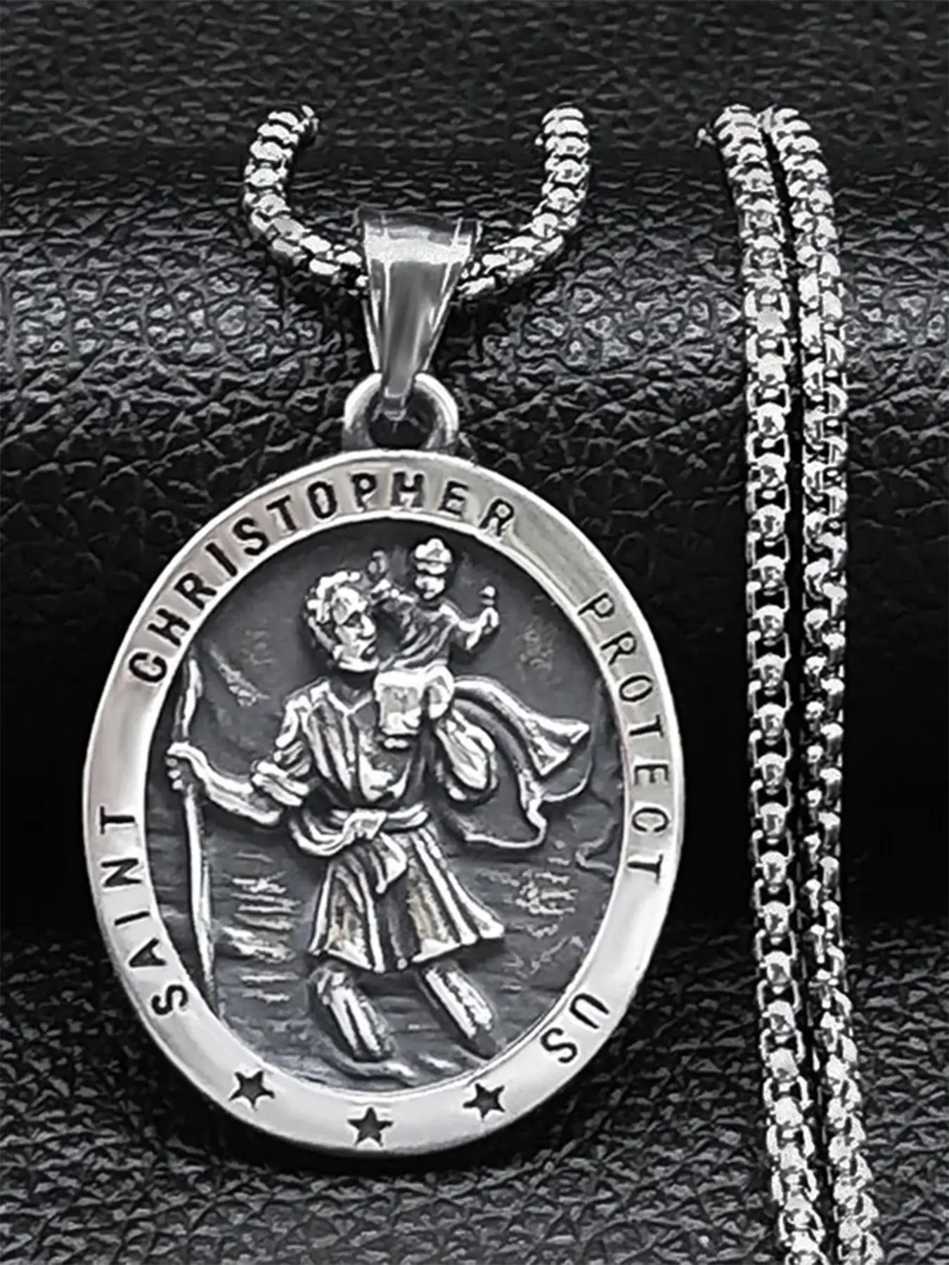 Stainless Steel Saint Christopher Protect Us Cross Medal Byzantine Necklace, Cross Necklaces, Fashion Jewelry for Party, Daily Clothing Decor, Trendy All-match & Exquisite Jewelry for Gift