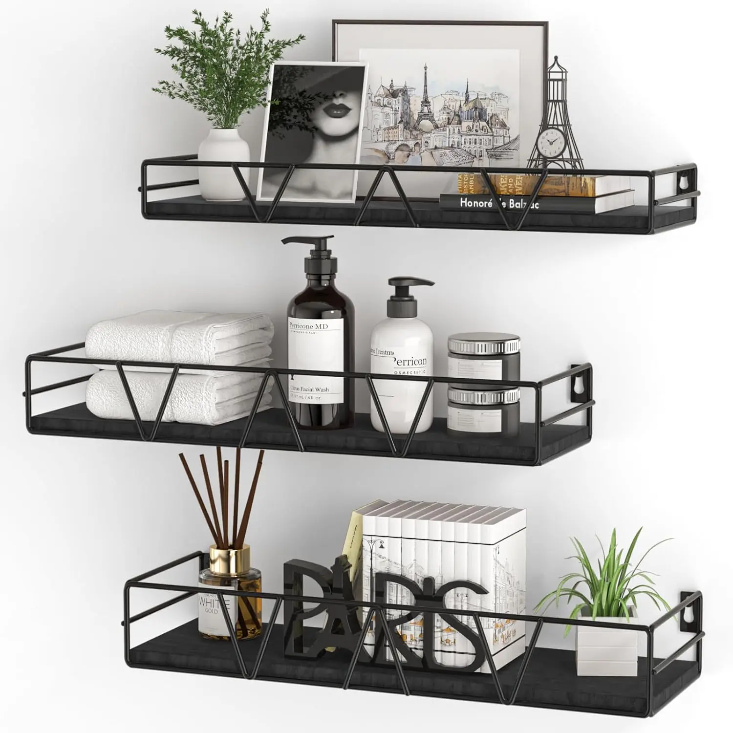 Set of 3 Wooden Floating Wall Shelves, Wall Mounted Farmhouse Display Storage Rack, Decor Wall Shelf for Living Room, Bedroom, Bathroom, Kitchen & Office Home Organization