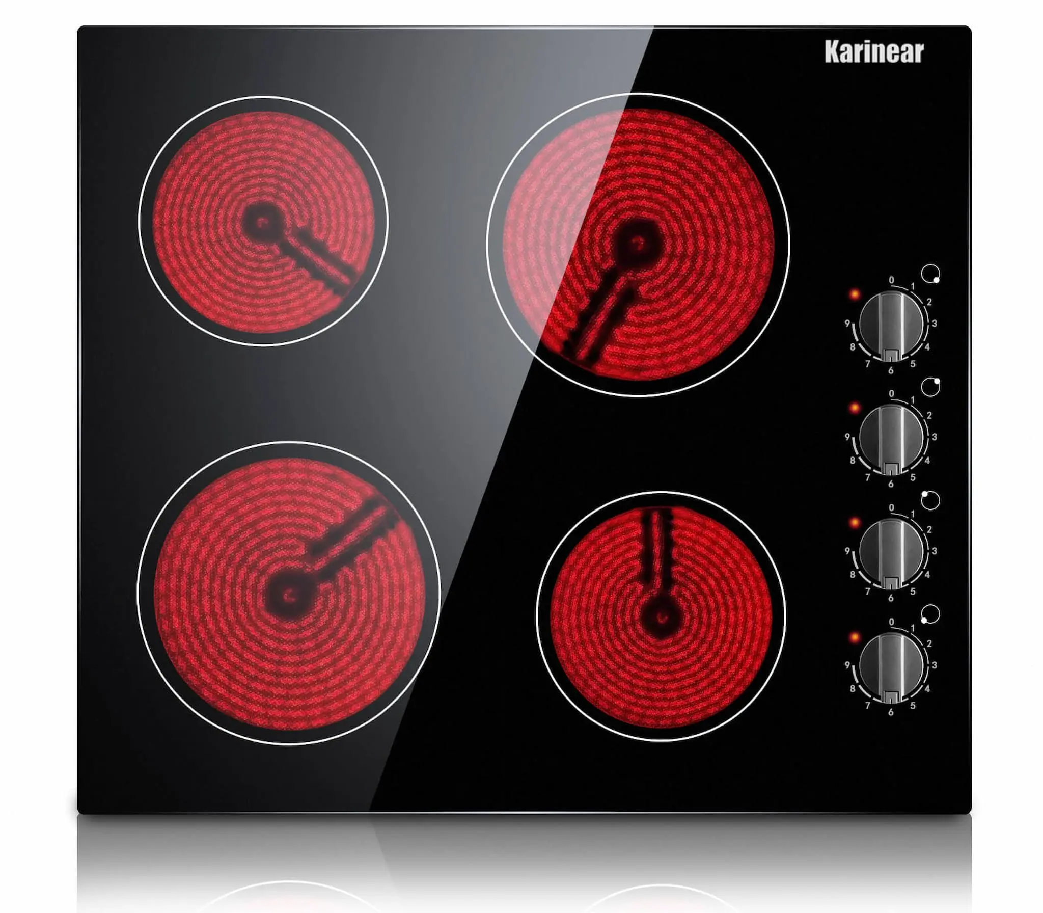 Karinear 24 in 4-Burner Built-in Electric Induction Hob (220-240V, 6000W) - Knob Control, Residual Heat Indicator, Over-Temperature Protection, Non-Magnetic Stainless Steel Pan Compatible, Hardwired Kitchen Appliances (No Plug) for Home, Elderly Use