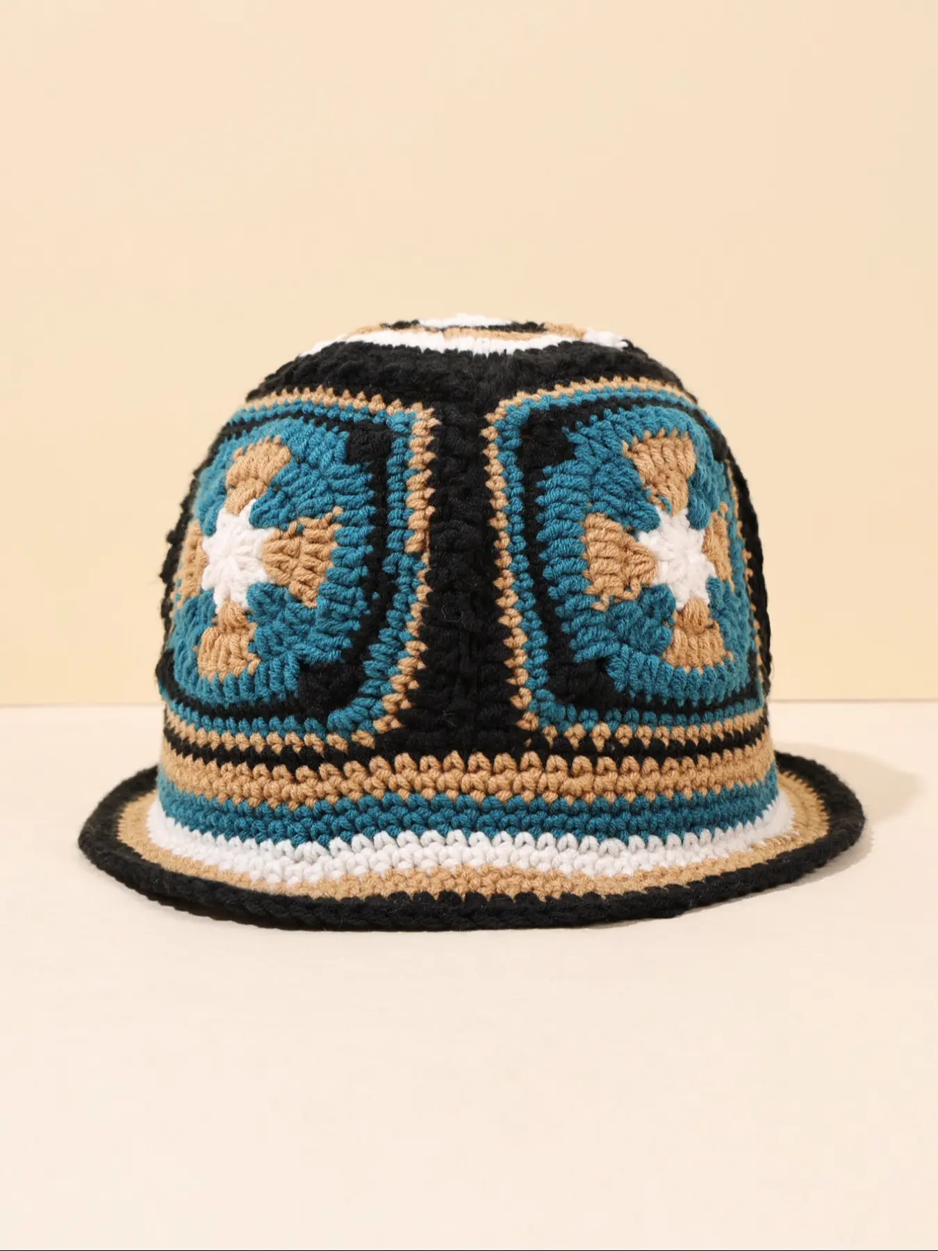 Vintage Geometric Patch Hand Woven Bamboo Hat, Ultra Soft Warm Yarn, Winter Cold Wind Protection, Bohemian Streetwear Headwear