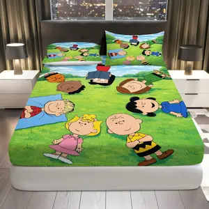3Pcs   Fun Fitted sheet Three Piece Set (1*Fitted Sheet+2*Pillowcases, Coreless),  theme, Peanuts Bedding Set, Mattress protector Soft, Breathable