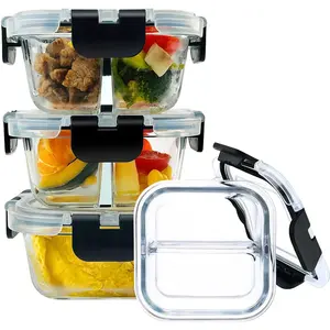 Bariatric Meal Prep Containers, 8 oz Glass Bariatric Portion Control Containers with Two 4 oz Compartments (3 Pack),  Lunch Box Bento Box with , Glass Snack Containers with