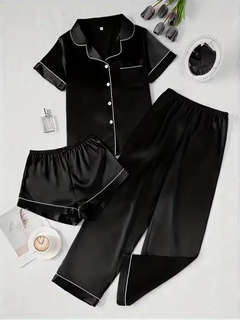 Women's 2-Piece Satin Pajama Set - Contrast Binding Button-Up Lapel Short Sleeve Top with Pocket, Elastic-Waist Plain Long Trousers, All-Season Sleepwear Loungewear